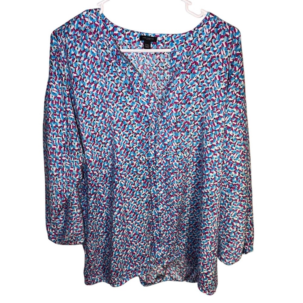 Ann Taylor Womens XXL V-Neck Blouse Blue Pink Abstract Confetti Print Top L/S